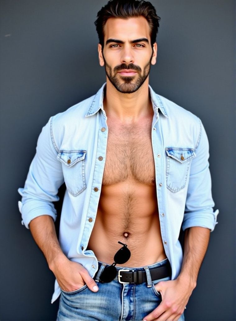 Nyle Dimarco ,  stands confidently in front of a dark gray wall. He wears a light denim shirt,  unbuttoned at the top by H...