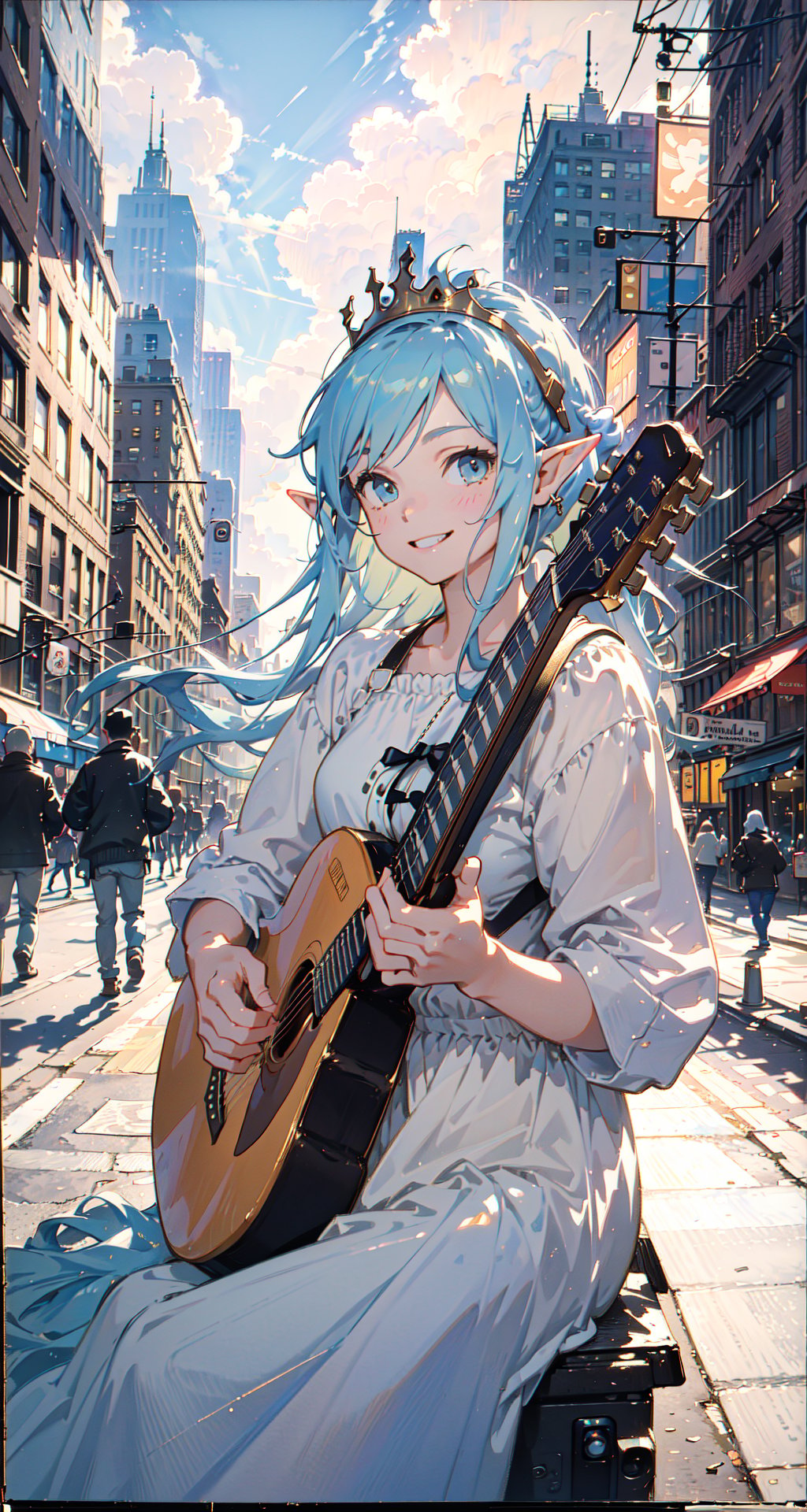 polaroid photo, masterpiece, best quality, 1girl, the cloud elf queen busks on the streets of new york, casual, sitting, playing guitar, film grain, soft lighting, smile