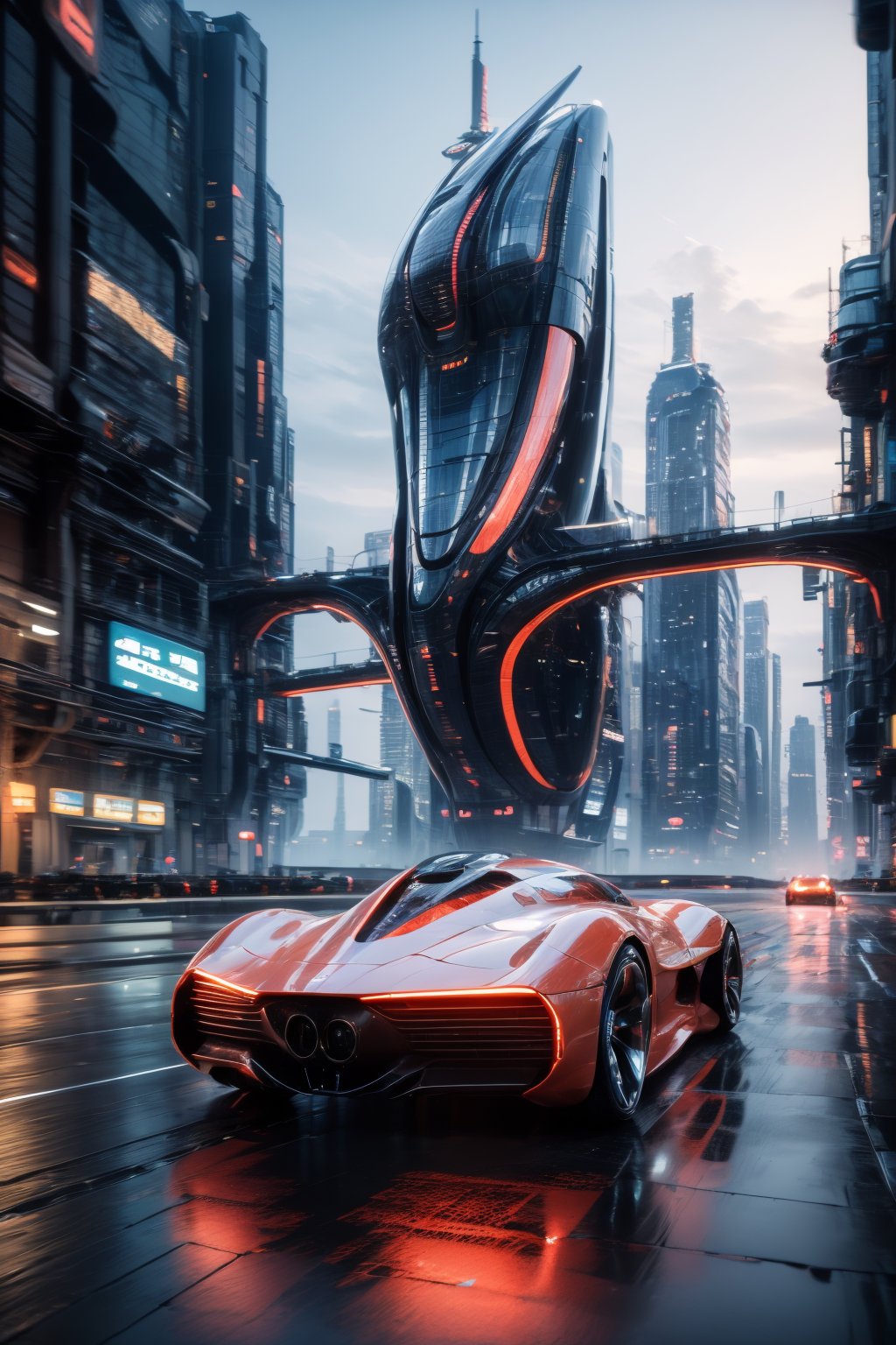 photorealistic, realistic, car, motor vehicle, vehicle focus, no humans, science fiction, aircraft, city, flying, scenery, road, motion blur, building, outdoors, helicopter, sky, cloud, realistic, night, skyscraper, cyberpunk