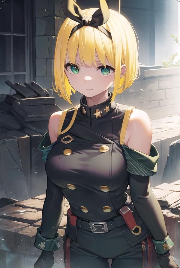 shushusuruga, <lora:shushu suruga manga-lora-nochekaiser:1>,shushu suruga, short hair, bangs, hair ribbon, hairband, blunt bangs, thick eyebrows, (green eyes:1.5), (yellow hair:1.5), smile,BREAK gloves, shorts, elbow gloves, belt, buttons, military uniform, military, (bare shoulders:1.5), (black military uniform:1.7),BREAK outdoors, space, starry sky, star \(sky\), moon,BREAK looking at viewer, (cowboy shot:1.5),BREAK <lyco:GoodHands-beta2:1>, (masterpiece:1.2), best quality, high resolution, unity 8k wallpaper, (illustration:0.8), (beautiful detailed eyes:1.6), extremely detailed face, perfect lighting, extremely detailed CG, (perfect hands, perfect anatomy),