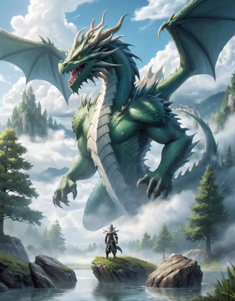 highres,best quality,dragon,monster,, cloud, cloudy sky, day, fog, forest, full body, grass, outdoors, rock, scenery, sky, tree, water