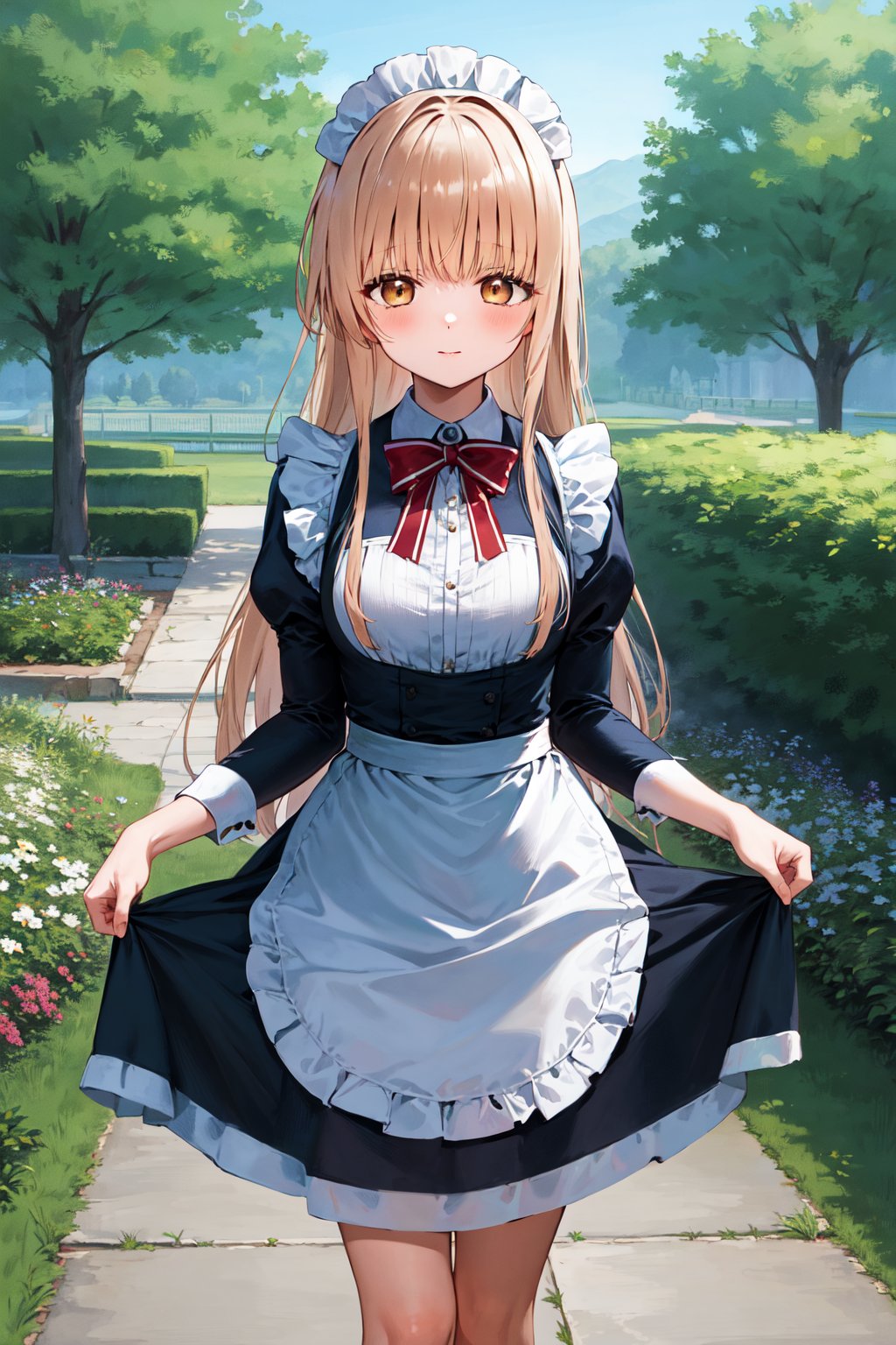 masterpiece, best quality, highres, aamahiru, long hair, <lora:shiina_mahiru_v1:0.7>, small breasts, maid, maid headdress, apron, garden, skirt hold, standing