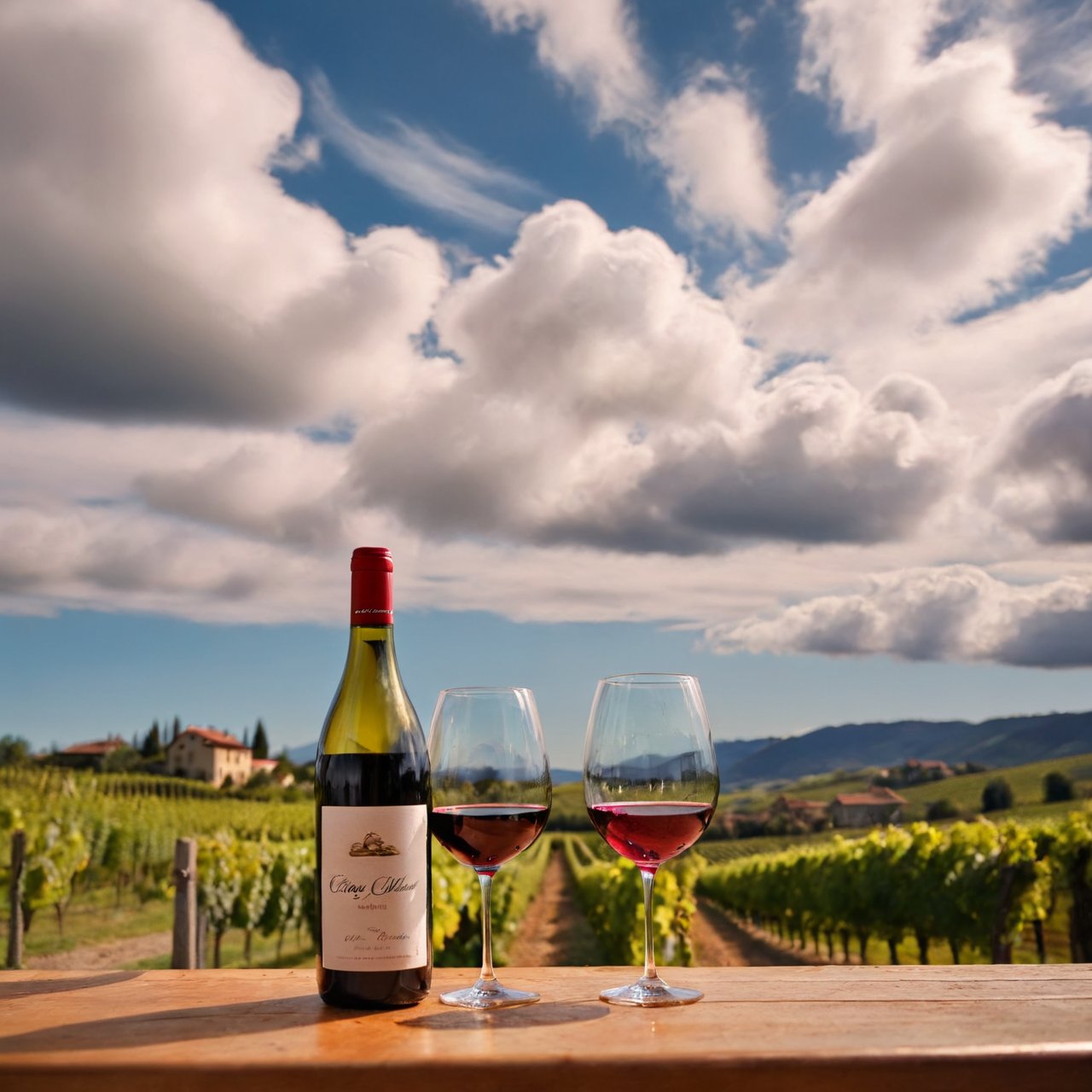 <lora:6544165416354654354:0.8> A wine utopia, professional photograph using a Canon EF 50mm f/1.8 STM Lens, Wine tasting in a vineyard, vibrant colours and rolling clouds over the hills in the background,