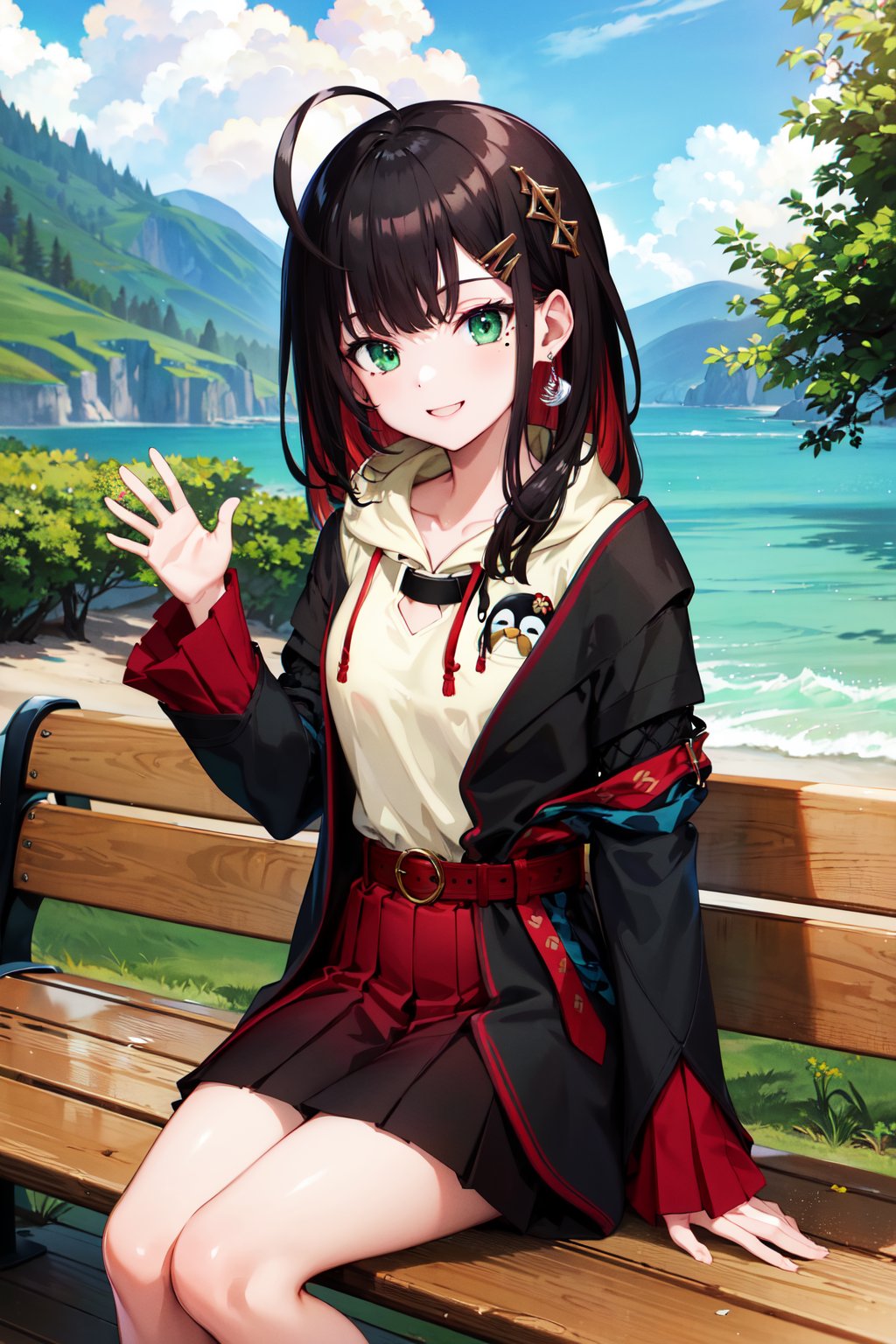 masterpiece, best quality, highres, aayui, medium hair, multicolored hair, hair ornament, ahoge, green eyes, mole under eye, earrings, collared shirt, hoodie, penguin, hood, black jacket, open clothes, long sleeves, belt, red skirt, pleated skirt, <lora:hizuki_yui_v1:0.7>,  waving, outdoors, smile, sitting, bench