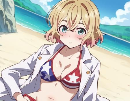 score_9, score_8_up, score_7_up, source_anime,maminanami, <lora:mami-nanami-s1-ponyxl-lora-nochekaiser:1>mami nanami, short hair, aqua eyes, blonde hair, hair between eyes,navel, jacket, swimsuit, bikini, white jacket, flag print, american flag bikini,outdoors, beach, on side, blush, drunk,looking at viewer, dutch angle, cowboy shot