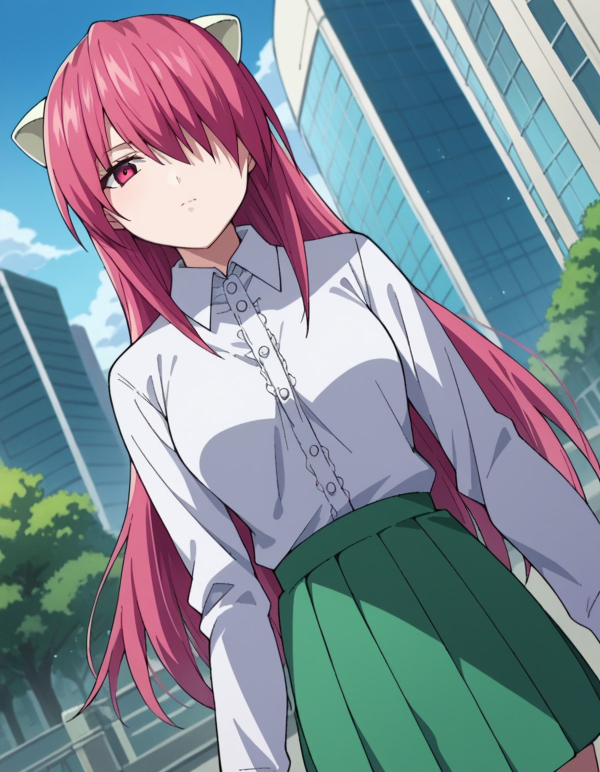 score_9, score_8_up, score_7_up, source_anime,elfenliedlucy, <lora:elfen-lied-lucy-ponyxl-lora-nochekaiser:1>lucy, long hair, pink hair, horns, pink eyes, hair over one eye,long sleeves, sweater, skirt, green skirt, pleated skirt, shirt, white shirt, collared shirt, frills,outdoors, cityscape,looking at viewer, dutch angle, cowboy shot,