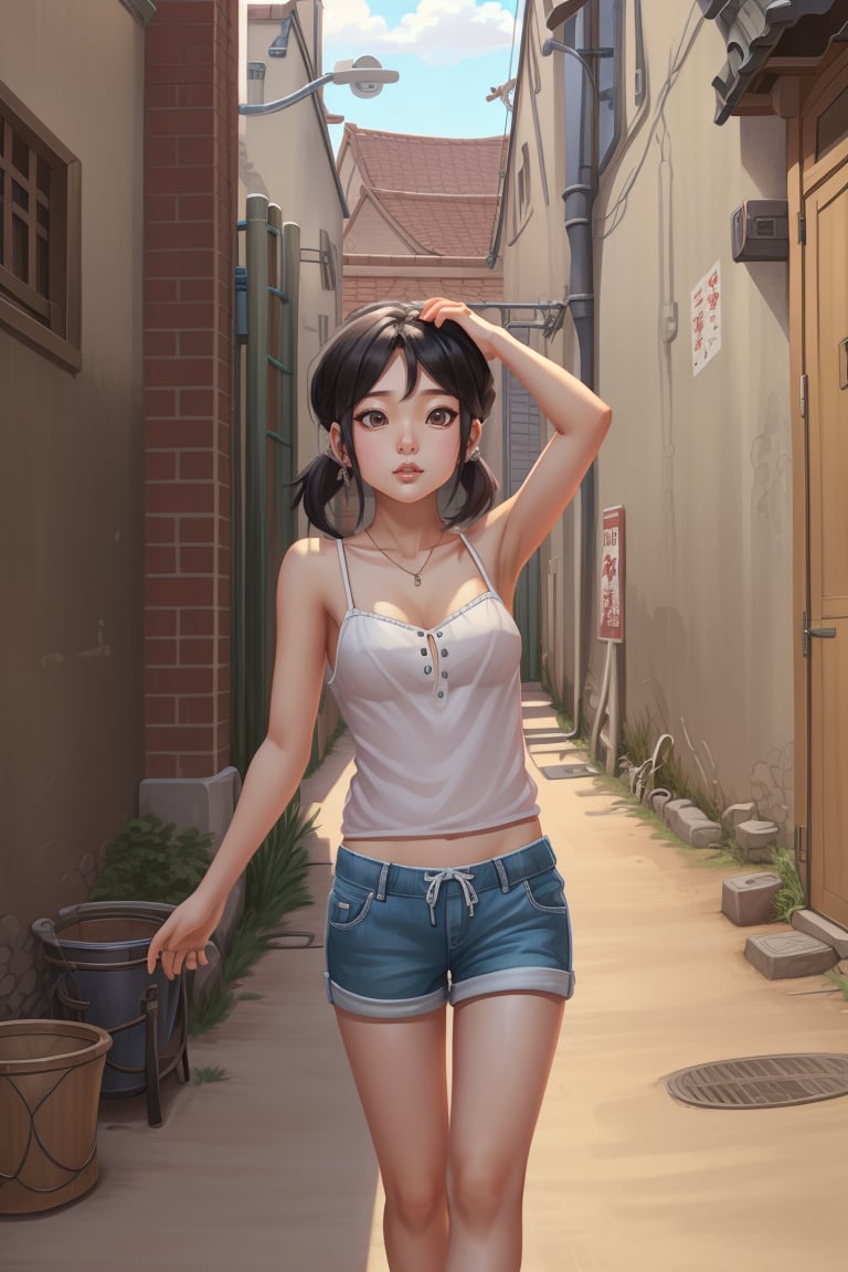 <lora:重返80年代_240816:0.8>,cover,1girl,suneate,black hair,shorts,seductive,sexy,highly detailed,small alley,