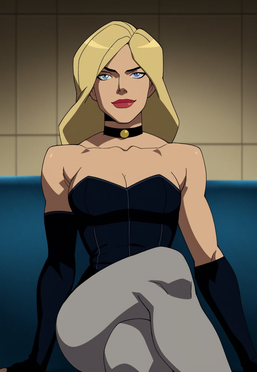 score_9_up, score_8_up, score_7_up, <lora:Young_justice_girls_PDXL_by_paprikalem:0.9>, dc comics, young justice style, flat colors, 1girl,black canary, blue eyes, blonde hair, long hair, medium breasts, makeup,black canary classic costume,choker,bare shoulders, black bodysuit, cleavage, fingerless gloves, elbow gloves,grey pantyhose, sitting, on couch, smug, front view, solo, indoors, best quality, high quality