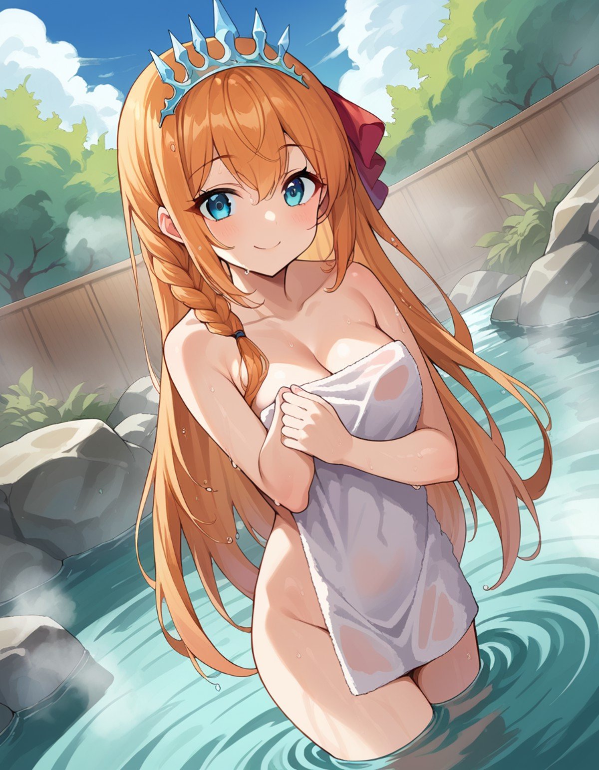 score_9, score_8_up, score_7_up, source_anime,pecorine, <lora:pecorine-ponyxl-lora-nochekaiser:1>pecorine, blue eyes, hair ornament, long hair, orange hair, tiara, braid, hair braid, smile,nude, naked, outdoors, onsen, towel, naked towel, steam, bathing, nude cover, partially submerged, water, bath, steam censor, wet towel,looking at viewer, dutch angle, cowboy shot