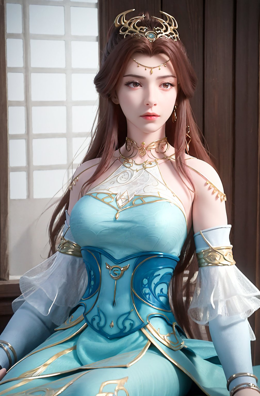 crystalstexture skin,best quality,masterpiece,ultra detailed,8k,RAW photo,realistic,photorealistic,ultra-detailed,intricate detail,extremely detailed,delicate pattern,masterpiece,looking at viewer,<lora:C_百炼成神_苏灵韵2_JAN:0.7>,1girl,solo,dress,hair ornament,long hair,jewelry,bare shoulders,bracelet,detached sleeves,flower,sitting,