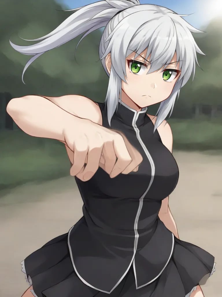 <lora:anerosecoutpony:0.8>1girl, solo, anerrolange, white hair, ponytail, green eyes, black shirt, sleeveless, black skirt, outdoors, standing, serious, looking at viewer, cowboy shot, fighting stance, closed fists,