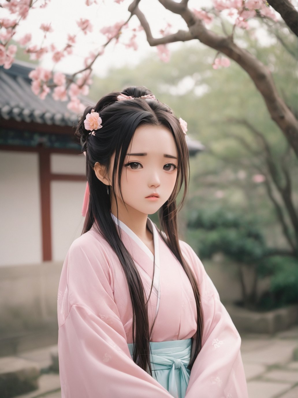 real portrait photography,35mm photograph,RAW photography,professional grade,cute & girly \(idolmaster\),18 year old cute chinese,anatomically correct,hanfu,frustrated_brow,