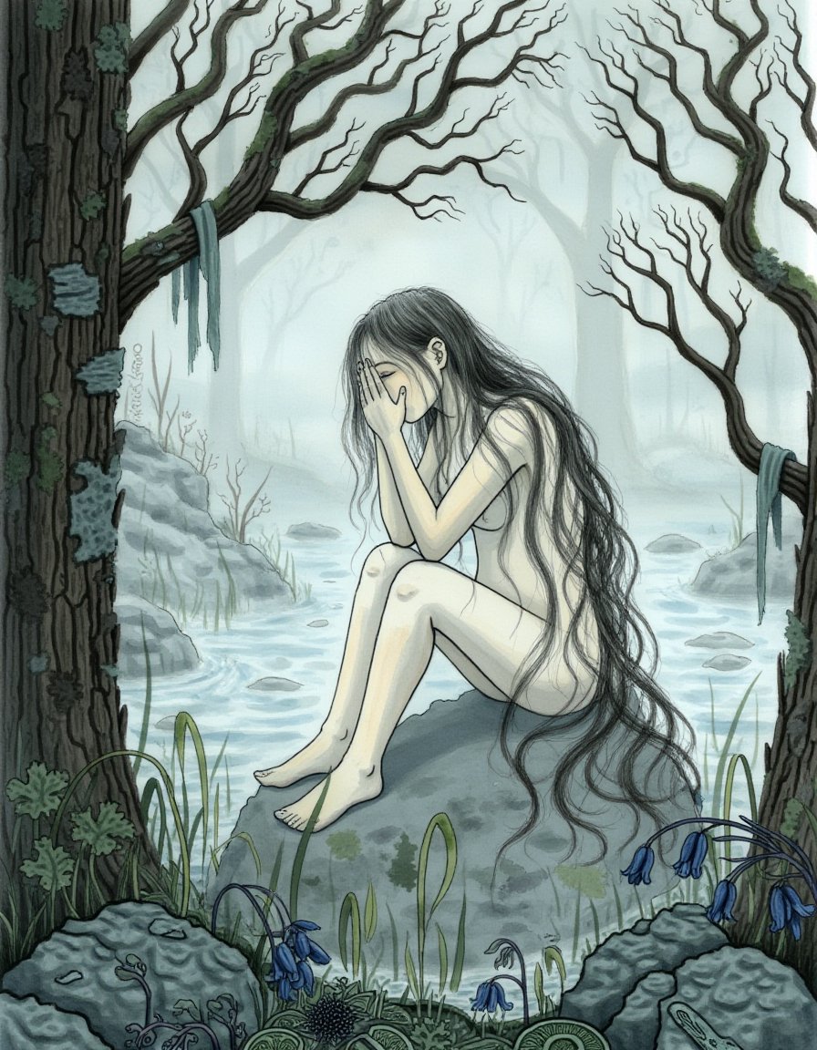 A female Caoineag spirit with long hair sits on a rock near water,  covering her face with her hands. She is surrounded by...