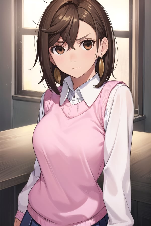 momoayase, <lora:momo ayase manga-lora-nochekaiser:1>,momo ayase, short hair, brown hair, (brown eyes:1.5), bangs, thick eyebrows,BREAK skirt, school uniform, pleated skirt, shoes, socks, loafers, sweater vest, (pink sweater:1.5), shirt, white shirt, collared shirt, earrings, green earrings,BREAK indoors, classroom,BREAK looking at viewer, (cowboy shot:1.5),BREAK <lyco:GoodHands-beta2:1>, (masterpiece:1.2), best quality, high resolution, unity 8k wallpaper, (illustration:0.8), (beautiful detailed eyes:1.6), extremely detailed face, perfect lighting, extremely detailed CG, (perfect hands, perfect anatomy),