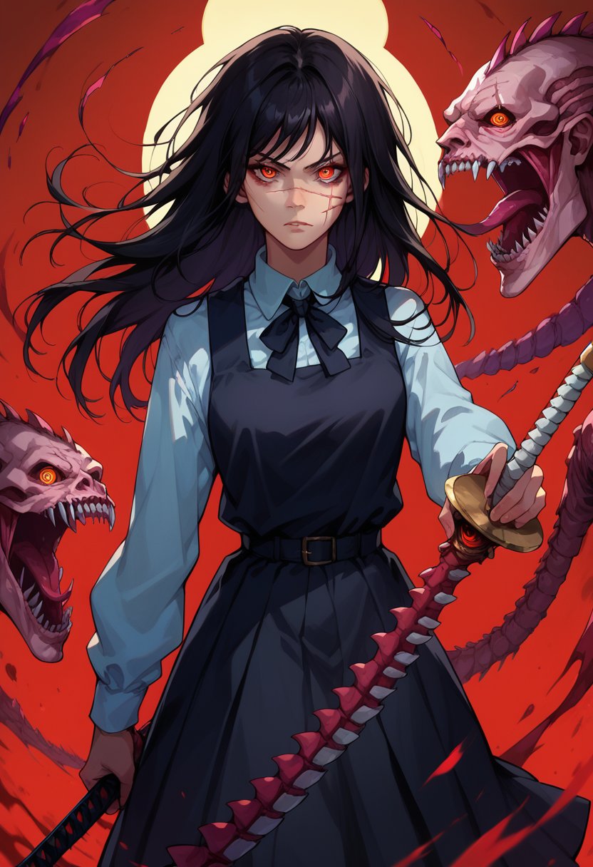 score_9, score_8_up, score_7_up, looking at viewer, <lora:Yoru_Chainsaw-Man_Pony-000008:0.8>, yoru, scar on face, red eyes, (ringed eyes), black hair, long hair, black ribbon, black pinafore dress, holding spine sword, holding tanaka sword