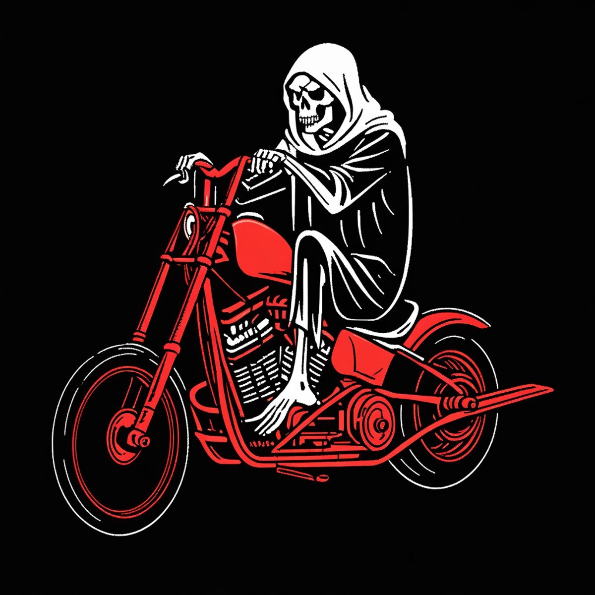 tcc_simple_drawing of the Grim Reaper on a motorcycle, red on a black background