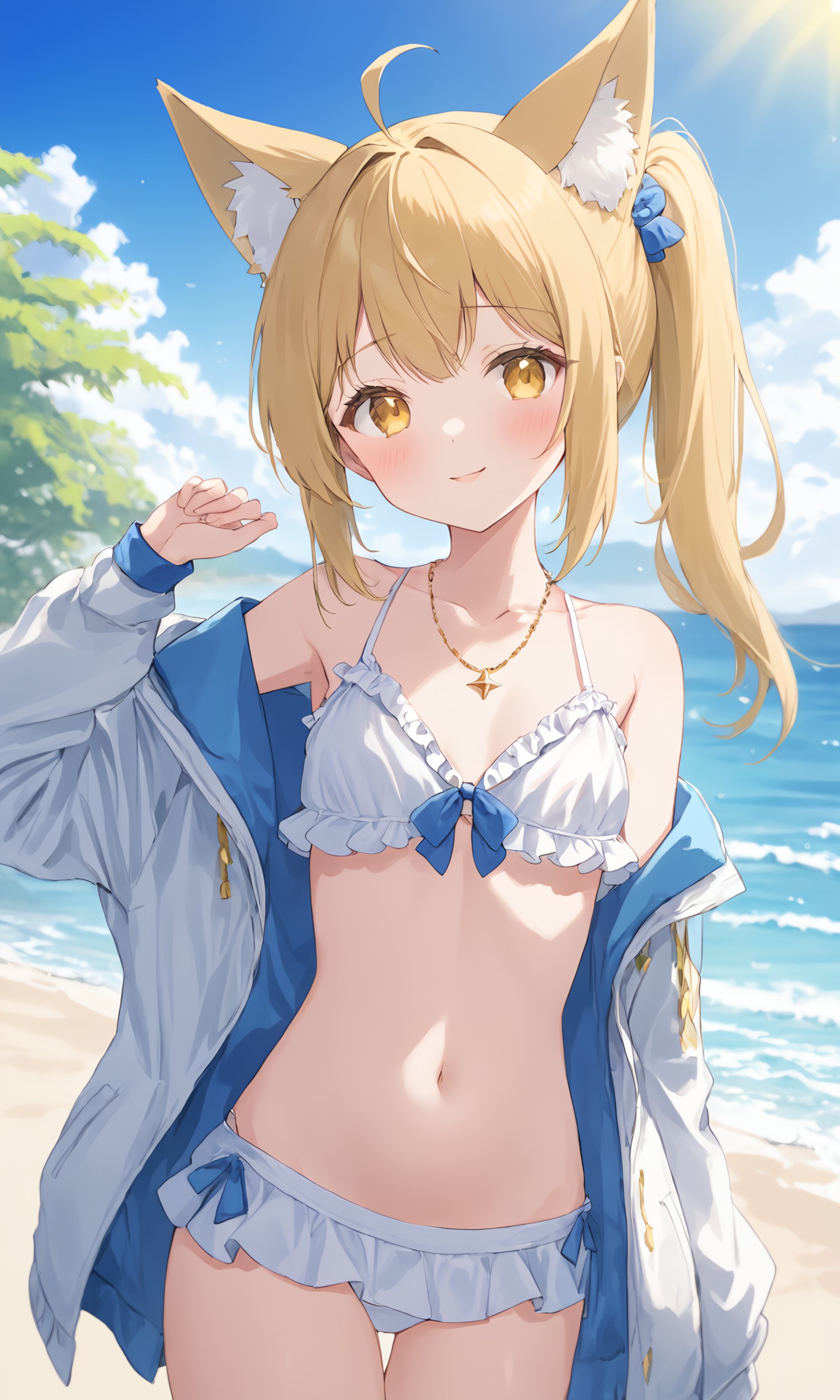 (masterpiece),(highest quality),highres,(an extremely delicate and beautiful),(extremely detailed),1girl, solo, animal ears, fox ears, swimsuit, navel, bikini, long hair, animal ear fluff, beach, looking at viewer, blonde hair, jewelry, outdoors, yellow eyes, white bikini, open clothes, frills, day, upper body, frilled bikini, blush, bracelet, bare shoulders, off shoulder, necklace, jacket, collarbone, ocean, :3, bangs, eyebrows visible through hair, arm up, water, armpits, long sleeves, scrunchie, sky, open jacket, white jacket, closed mouth, hand up, hair scrunchie, white shirt, tree, smile, stomach, blue sky, shirt, side ponytail, open shirt, hair ornament, small breasts,depth of field, blurry foreground, blurry background,