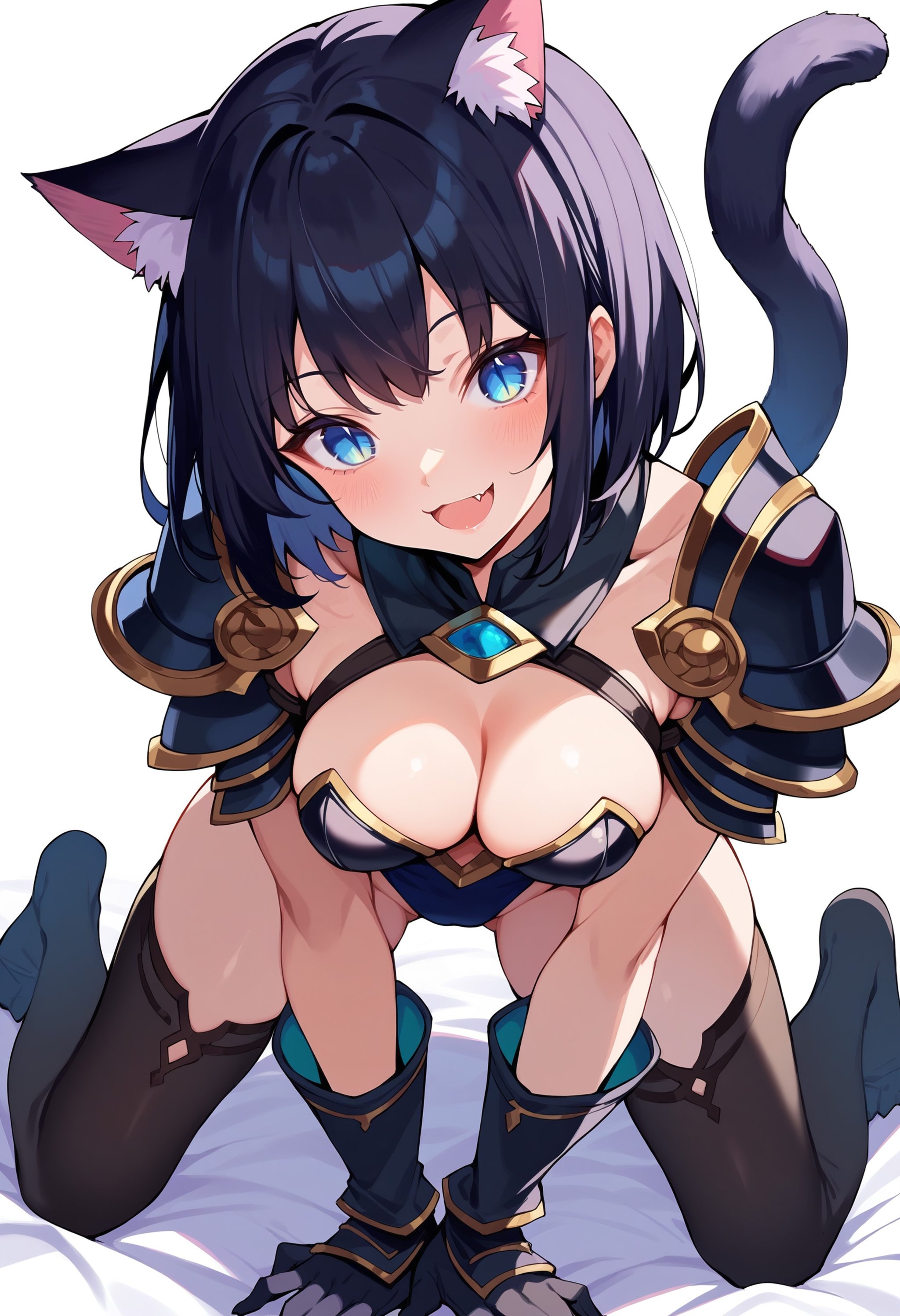 score_9, score_8_up, score_7_up, score_6_up, source anime,cat girl, nekomata,1girl, :3, tail, cat ears, cat tail, solo, slit pupils, breasts, all fours, shoulder armor, black hair, blue eyes, open mouth, tail raised, looking at viewer, thighhighs, cleavage, armor, short hair, fang,smile, bangs, gloves, medium breasts, leotard , masterpeice, best quality, very aesthetic, absurdres