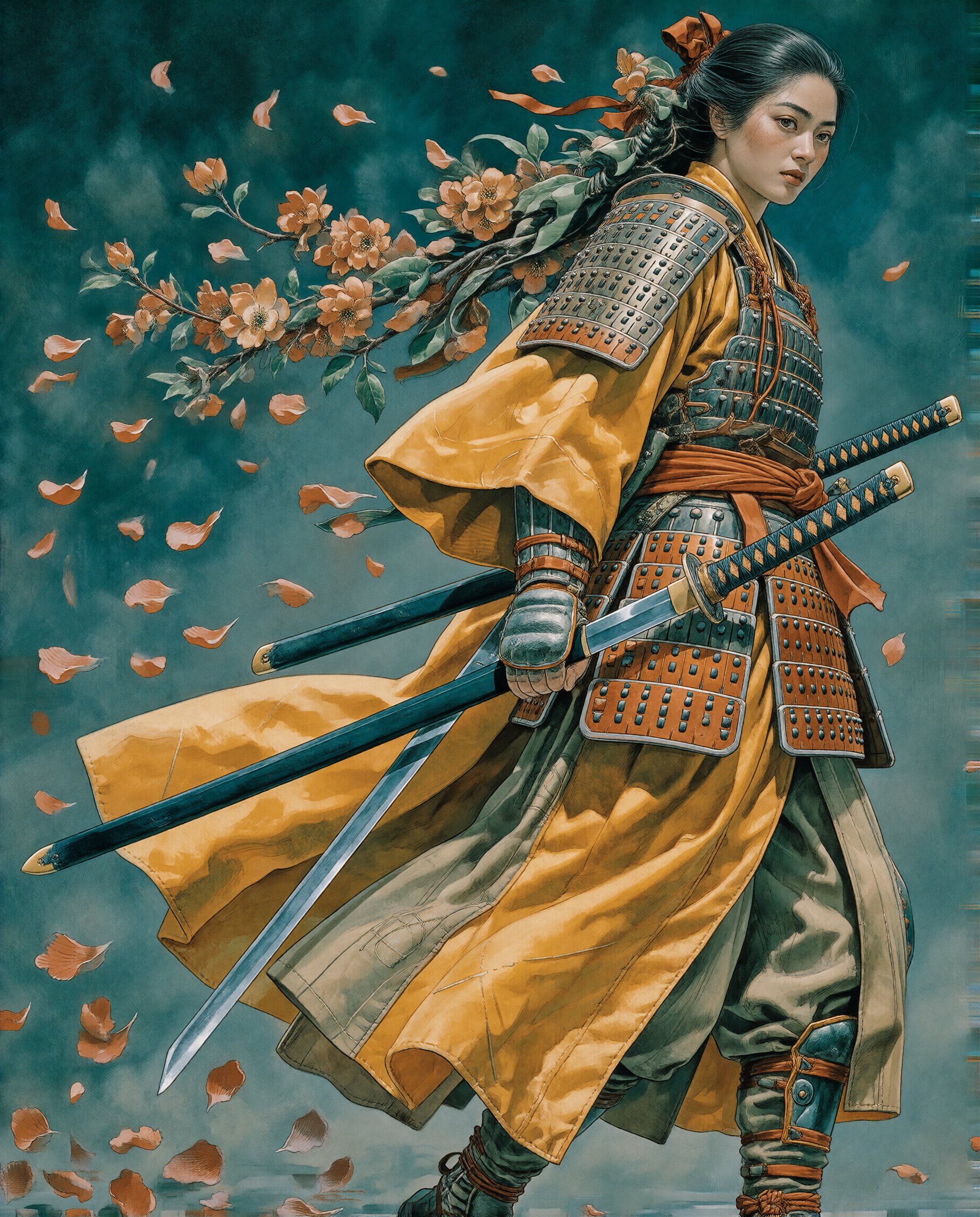 3ul4ia a woman in a flowing yellow samurai armor holding katanas,  walking with confidence,  flower petals trailing like w...
