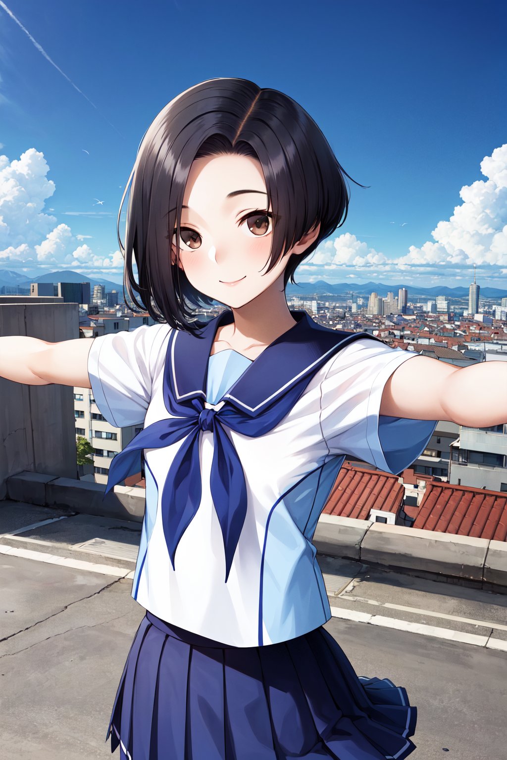 masterpiece, best quality, highres, aarinko, short hair, black hair, bob cut, serafuku, sailor collar, blue neckerchief, white shirt, short sleeves, pleated skirt, blue skirt, <lora:kobayakawa_rinko_v1:0.7>, smile, outstretched arms, standing, rooftop, city, blue sky