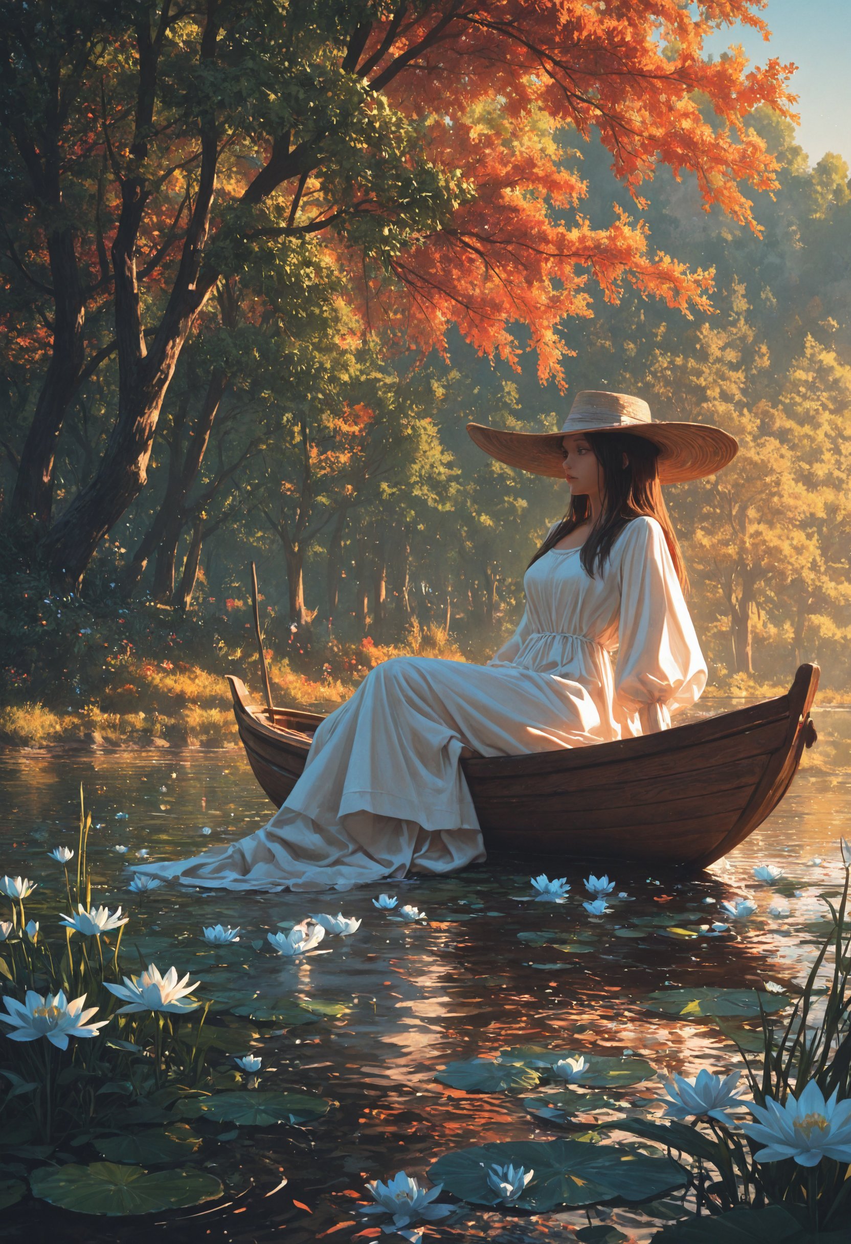 Create a photorealistic image of a brown canoe on a waterlily lake,  a woman from behind wearing astraw hat and a long whi...