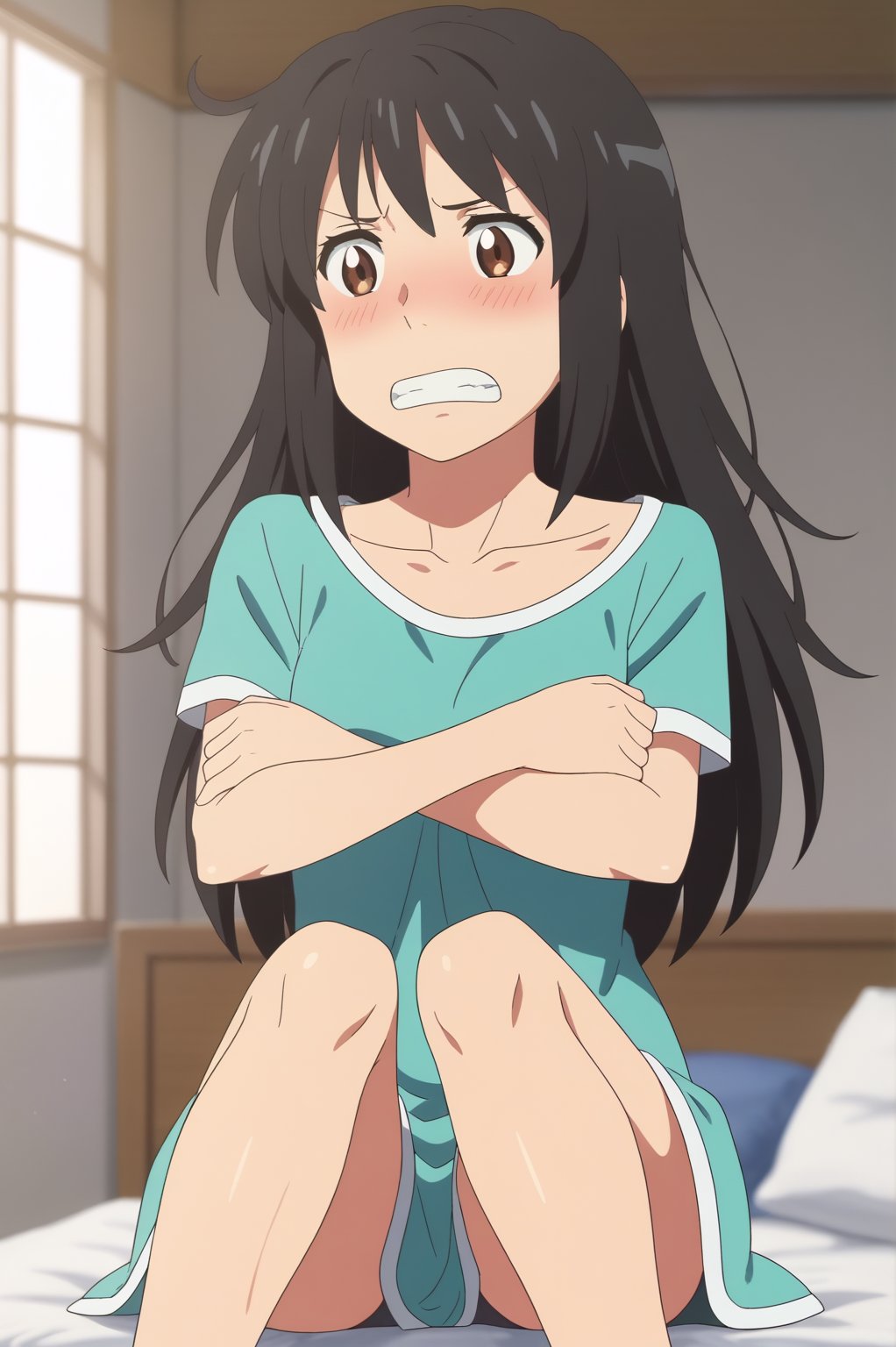 <lora:Mitsuha_Miyamizu:0.8>, Mitsuha Miyamizu, 1girl, solo, long hair, blush, sitting, collarbone, teeth, crossed arms, clenched teeth,