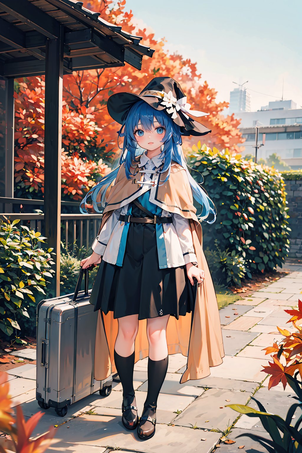 best quality,masterpiece,1girl,roxy migurdia,solo,long hair,looking at viewer,hat,holding,bangs,blue hair,skirt,blue eyes,outdoors,cape,plant,autumn,suitcase,black skirt,photo background,brown cape,