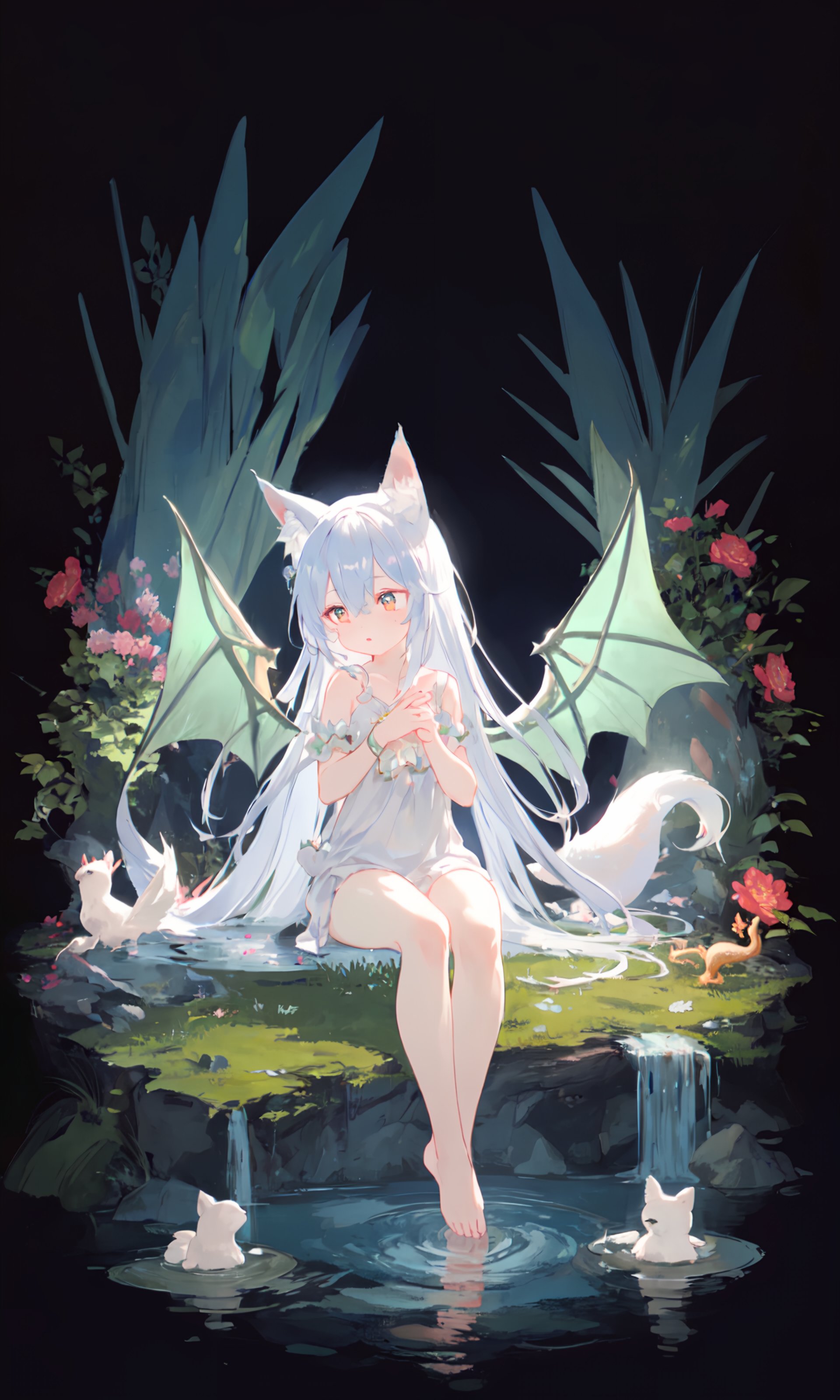 1girl, solo, dragon wings, dragon tail, tail, long hair, side up, one side up, black background, enchanted forest, nature, trees, dryad, fox ears, animal ear fluff, flowers, active pose, full body, flower hair, bright color hair, glowing hair, divine, goddess, barefoot, doll face, upturned eyes, long eyelashes, animals, birds, sitting, looking away, glowing water, middle of a lake, flower bed, wisps, night, petite