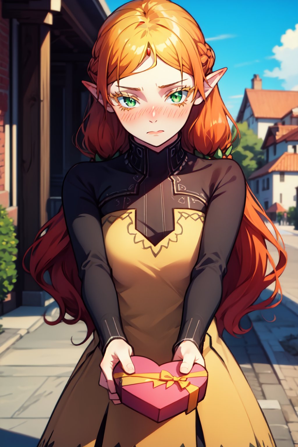 masterpiece, best quality, <lora:TsundereElfV2.2prod:0.9>, 1girl, sui, green eyes, eyelashes, yellow dress, long sleeves, black pantyhose, embarrassed, blush, IncrsVGiftBoth, incoming gift, outdoors, town, <lora:IncomingValentineGiftPOVTwoHandsV2:1>