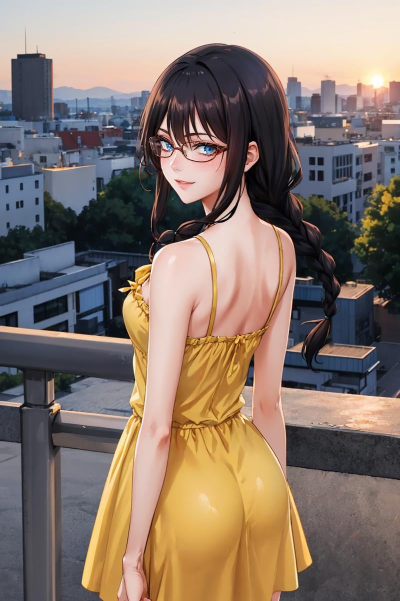 masterpiece, best quality, 1girl,  <lora:yadoumarulisa-nvwls-v1-000010:0.8> yadoumarulisa, blue eyes, black hair, single braid, glasses, from behind, (yellow sundress:1.25), sunset, city, smile, blush