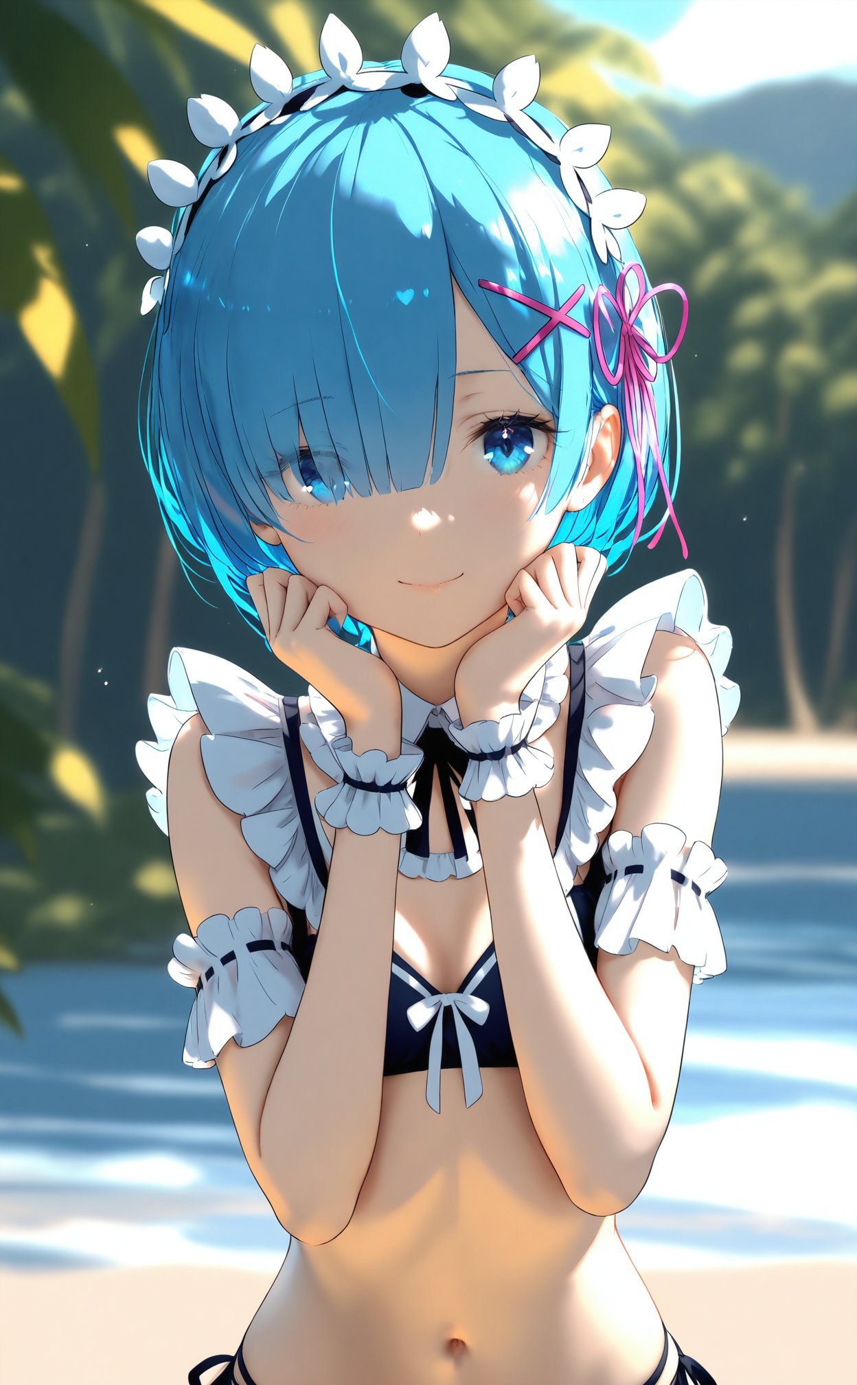 masterpiece,best quality,high quality,(colorful),nai3 Style,loli,1girl,blue hair,solo,rem \(re:zero\),short hair,blue eyes,hair over one eye,maid,unconventional maid,x hair ornament,hair ornament,hands on own face,maid bikini,maid headdress,upper body,swimsuit,blurry,hands on own cheeks,navel,bikini,smile,asian,blurry background,looking at viewer,lips,frills,arm garter,ribbon,closed mouth,outdoors,day,bare shoulders,