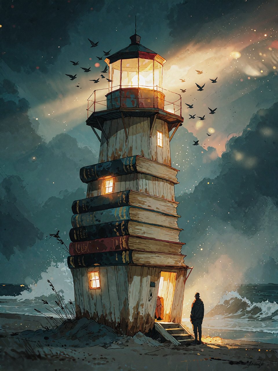 Bradhamel art style. A towering lighthouse constructed from stacked,  weathered wooden books,  glowing warmly from within...