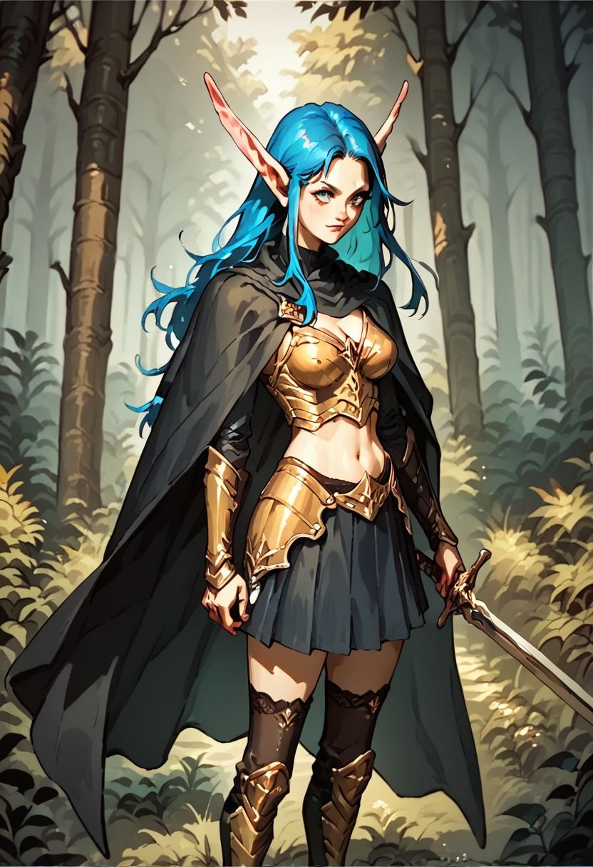 (score_9, score_8_up, score_7_up:1.2),(Xtermaxin:1.8), portrait, in forest , beautifull colors, golden armor, blue hair, black skirt, black boots silver sword,skirt pants, black stockings,black cape, long ears