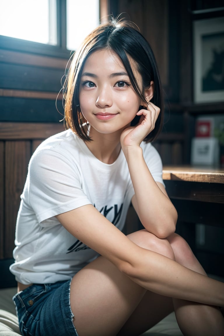 face focus, soft light, (depth of field) , moody lighting,cinematic lighiting, japanese 1girl,22yo, solo, smile, natural realistic skin, short hair,bronde hair, white t-shirt,miniskirt,