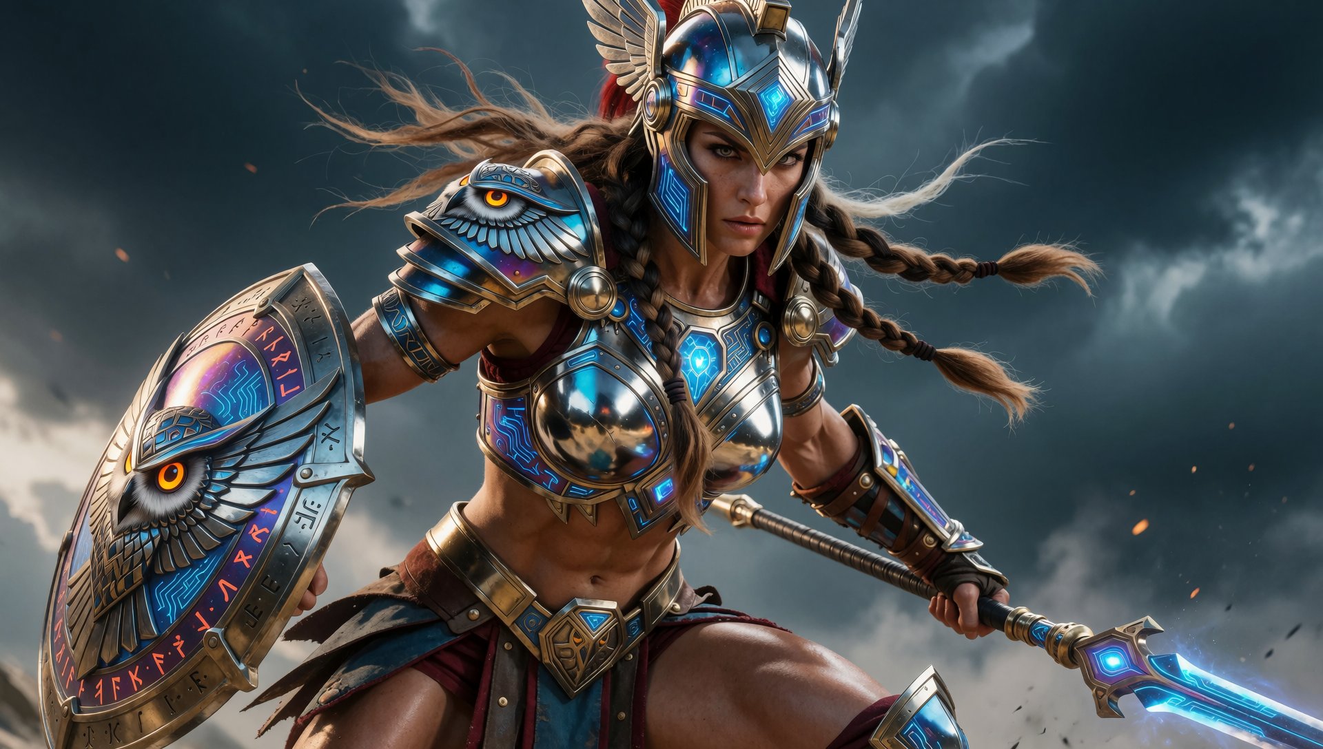 A muscular,  athletic female warrior stands tall,  wearing intricately detailed by Aderek514 on Tensor.Art