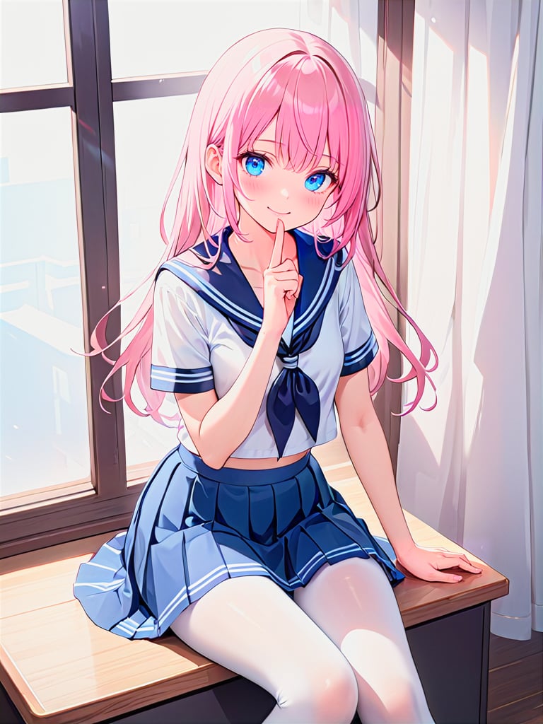 finely detail,Depth of field,(((masterpiece))),((extremely detailed CG unity 8k wallpaper)),best quality,high resolution illustration,Amazing,highres,intricate detail,best illumination,best shadow,1girl,solo,white pantyhose,curtains,curtain grab,long hair,pink hair,school uniform,skirt,window,serafuku,looking at viewer,smile,blue eyes,pleated skirt,blush,sitting,short sleeves,white shirt,shirt,indoors,sailor collar,socks,blue skirt,midriff peek,bangs,kneehighs,index finger raised,black socks,finger to mouth,