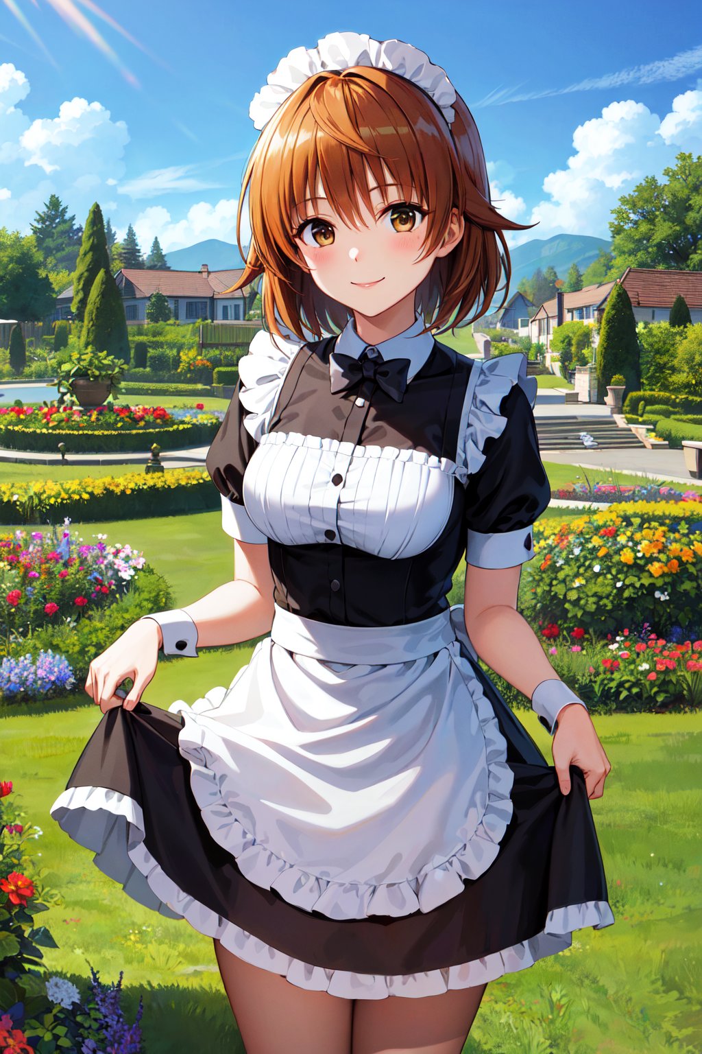 masterpiece, best quality, highres, aariko, short hair, brown eyes, <lora:yuusaki_riko_v1:0.6>, maid, maid headdress, skirt hold, garden, smile