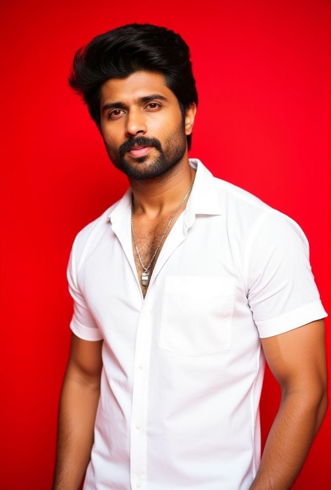 Vijay Devarakonda ,  The image is a high-resolution photograph,  standing against a solid red background. wavy hair styled...