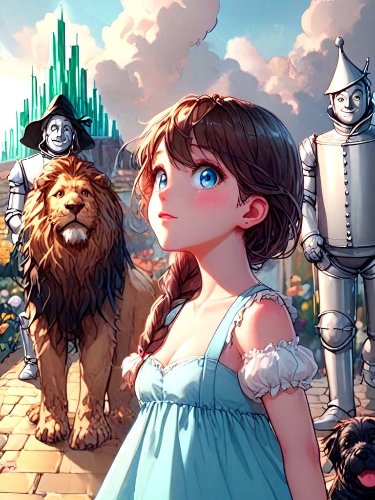 source_anime, oz, dorothy gale, brown hair, blue dress, miniskirt, silver shoes, cowardly lion, black toto, the scarecrow, tin man, looking at viewer, medium shot, upper body, close-up, emerald city in distance, <lora:girllikewizardofoz_pony:1>