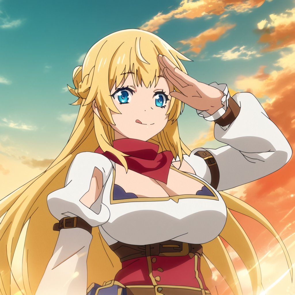 score_9, score_8_up, score_7_up, score_6_up, score_5_up, score_4_up, source_anime,ritto, 1girl, breasts, tongue, solo, blonde hair, long hair, blue eyes, tongue out, cleavage, salute, large breasts, looking at viewer, belt, smile, upper body,detached sleeves, clothing cutout, :q, pouch, simple background, scarf, sky,masterpiece, perfect face, best quality, beautiful girl, cute girl, beautiful eyes, shiny eyes, anime coloring, anime screencap, absurdres, award winning,<lora:ritto s1 WAI 902:1>