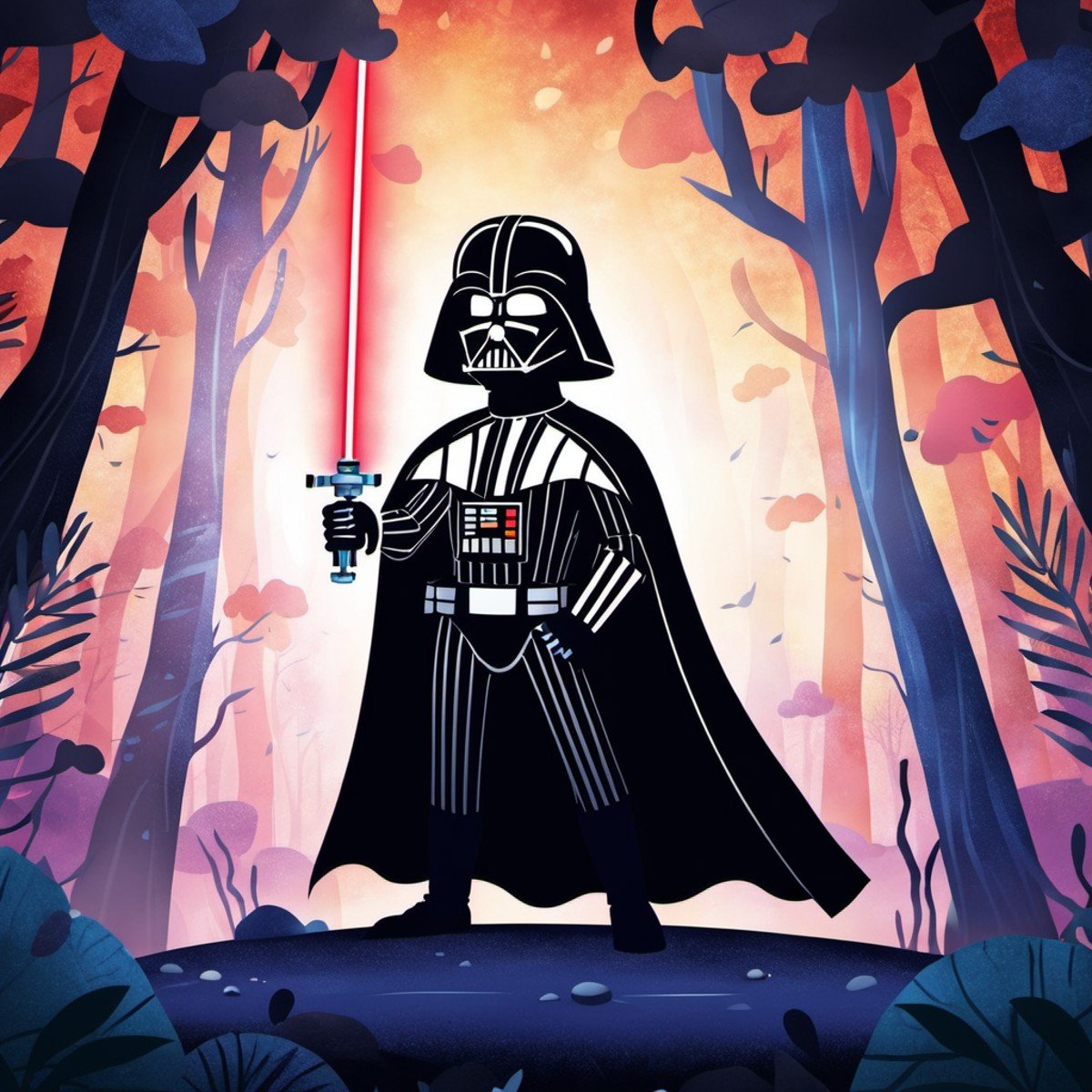 Children's Illustration Style,Darth Vader holding a lightsaber.cinematic photo, 4k, highly detailed, uhd image, intricate details, detailed scene background, detailed, 8k, trending, amazing art, colorful,