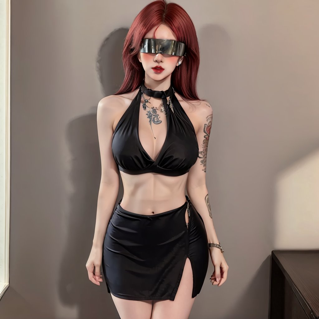 1girl,fair_skin,glamor,slender face,multicolored hair,makeup,fundoshi,eyeshadow,lipstick,light_blush,tattoo,ear_ornament,blindfold,(large breasts),bare shoulders,(midriff),(navel),((halter dress)),<lora:giao-000010:0.8>,<lora:FF_Girl丨多风格lora_v1.0:0.6>,