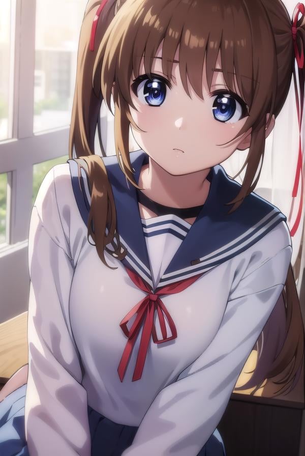 nanohatakamachi, <lora:nanoha takamachi movie2-lora-nochekaiser:1>,nanoha takamachi, takamachi nanoha, brown hair, twintails, blue eyes,BREAK long sleeves, ribbon, school uniform, serafuku, long sleeves, red ribbon, white sailor collar,BREAK indoors, classroom,BREAK looking at viewer, (cowboy shot:1.5),BREAK <lyco:GoodHands-beta2:1>, (masterpiece:1.2), best quality, high resolution, unity 8k wallpaper, (illustration:0.8), (beautiful detailed eyes:1.6), extremely detailed face, perfect lighting, extremely detailed CG, (perfect hands, perfect anatomy),