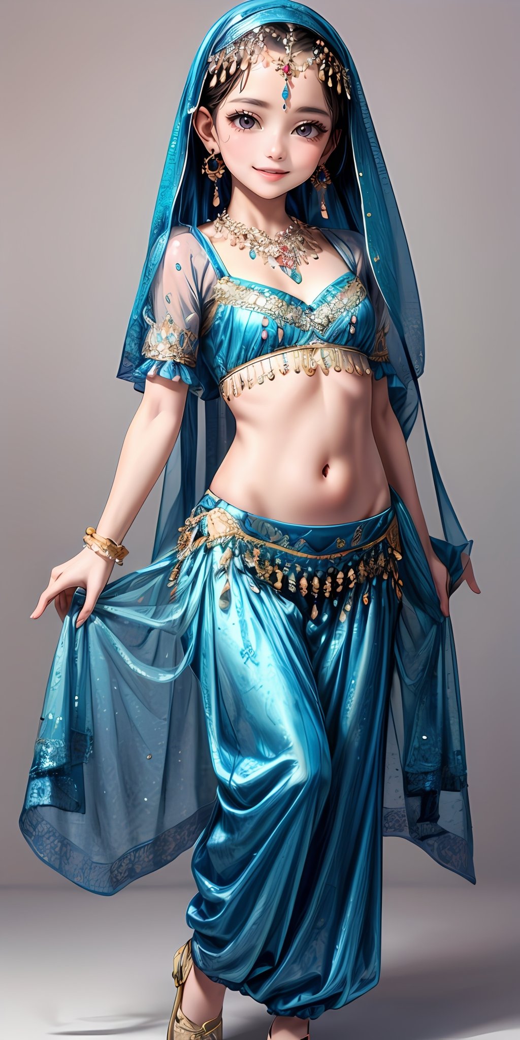 (masterpiece,ultra-detailed,best quality,8K,CG,illustration,shaved:1.0),(petite girl:1.0) <lora:more_details:1>, smile,simple background, <lora:belly dance clothes v1.0:0.5> jyojifuku, veil, midriff, necklace, earrings, see-through,dance,blue clothes