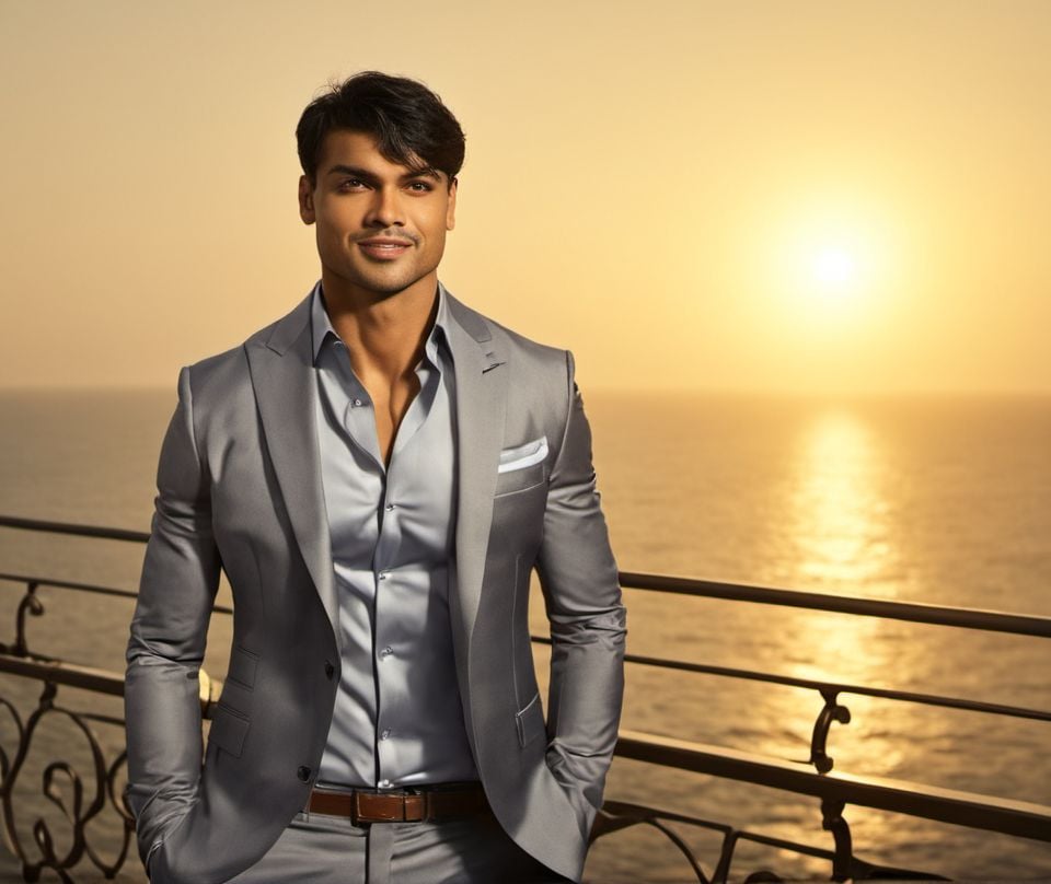 Nautical-themed of Neeraj Chopra a man in a grey suit standing on a balcony,  handsome man,  attractive man by HottiesnHot...