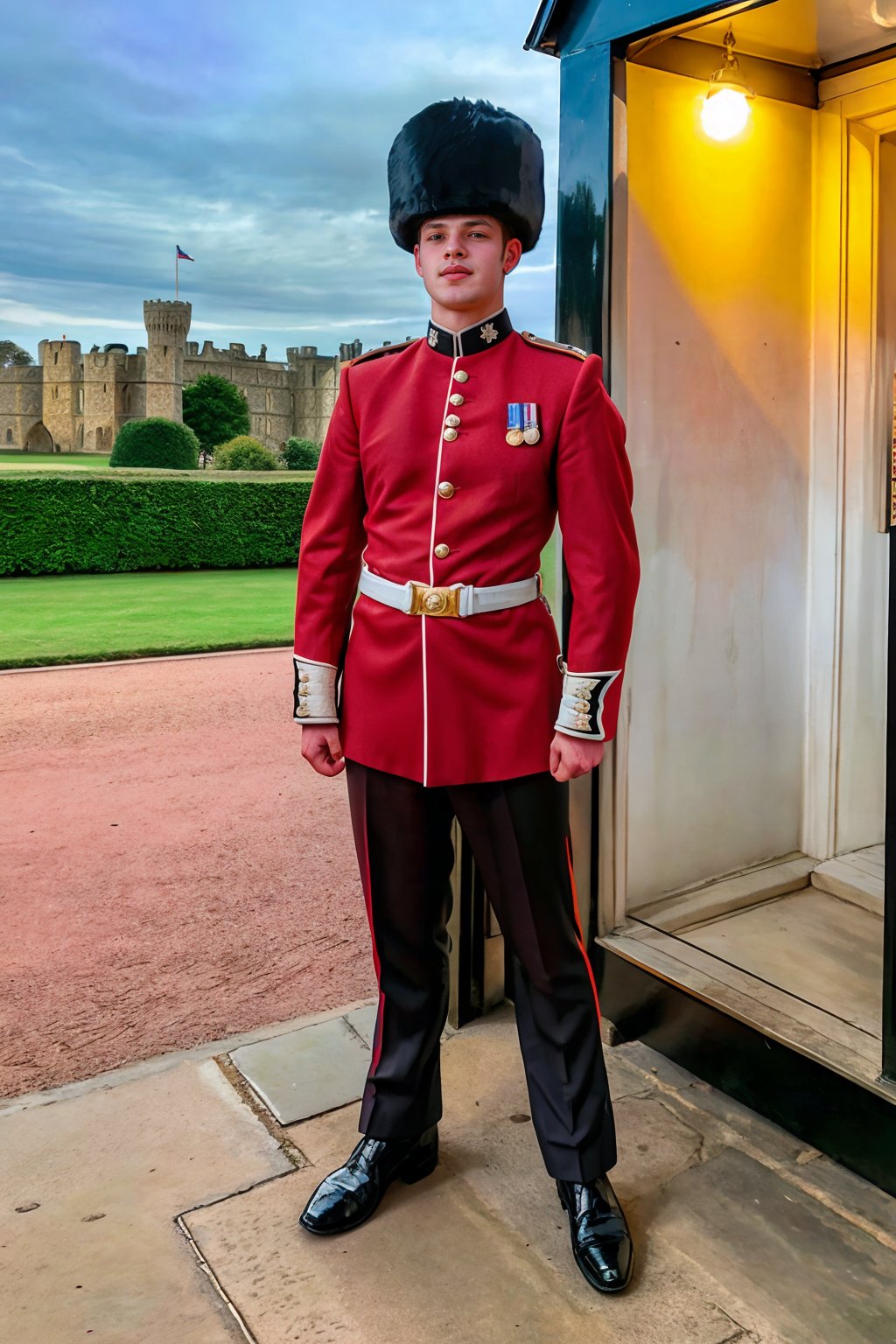 Windsor Castle in the background,  standing next to a guard house,  JackWindsor wearing (kg_uniform) by txhorn75 on Tensor...