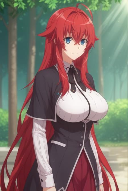 score_9, score_8_up, score_7_up, source_anime, solo, 1girl, looking at viewer, cowboy shot, <lora:HDxDHeroPdxlDwnsty-000004:1>, Rias Gremory, blue eyes, very long hair, red hair, huge ahoge,smile, large breasts, skindentation,school yard, outdoors, sunlight, tree,