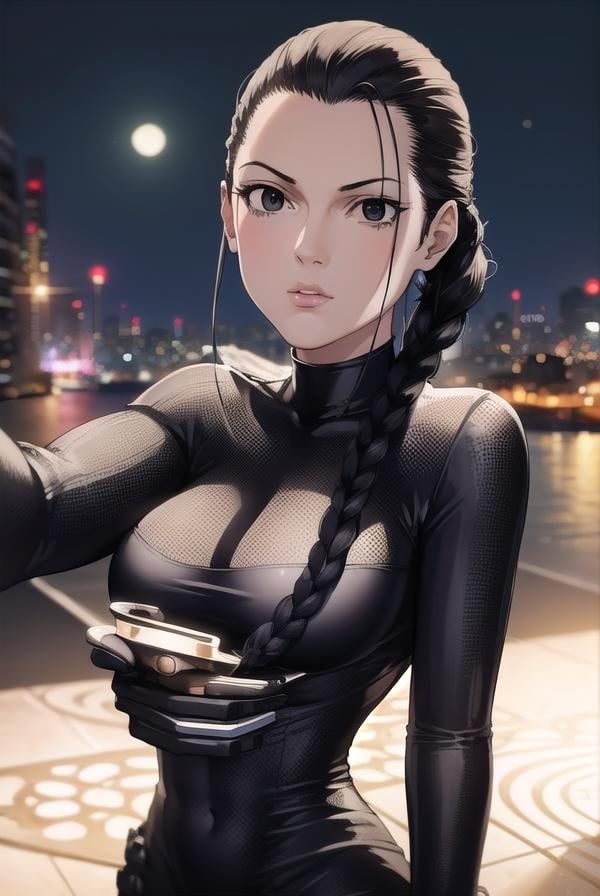 seisakuraoka, <lora:sei sakuraoka manga-lora-nochekaiser:1>,sei sakuraoka, braid, black hair, (black eyes:1.5), single braid,BREAK bodysuit, black bodysuitBREAK outdoors, city, night, sky, starry sky, moon,BREAK looking at viewer, (cowboy shot:1.5),BREAK <lyco:GoodHands-beta2:1>, (masterpiece:1.2), best quality, high resolution, unity 8k wallpaper, (illustration:0.8), (beautiful detailed eyes:1.6), extremely detailed face, perfect lighting, extremely detailed CG, (perfect hands, perfect anatomy),