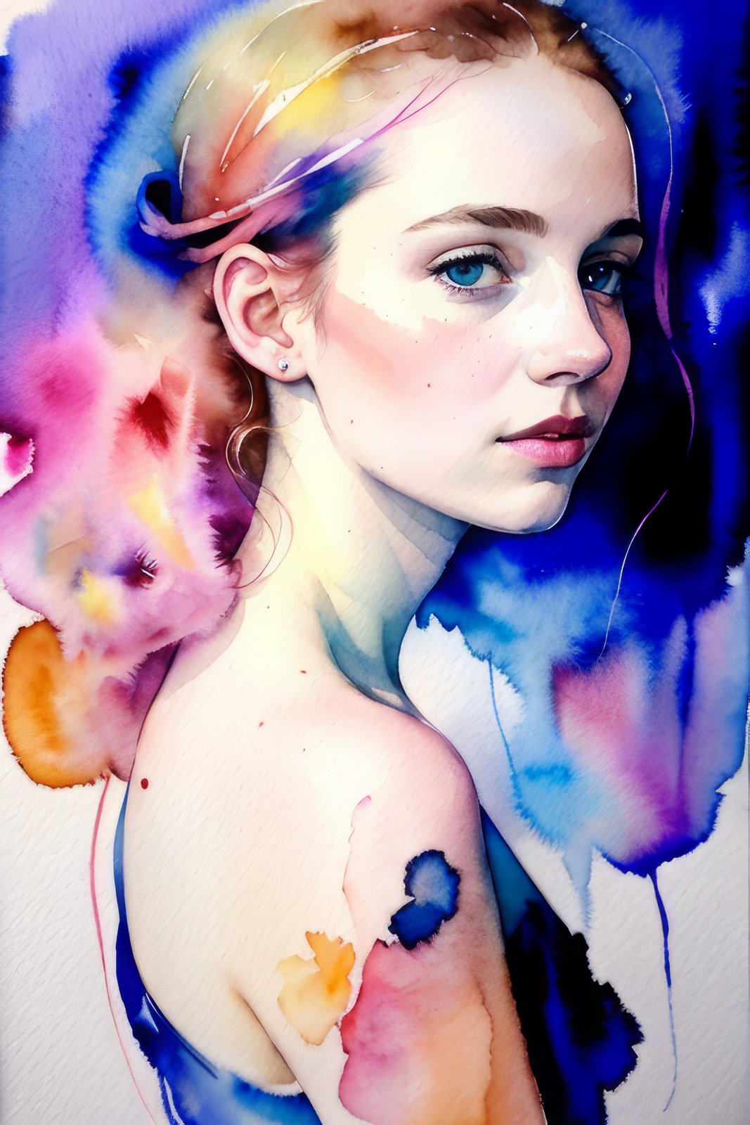 (8k, best quality, masterpiece:1.2),(best quality:1.0), (ultra highres:1.0), watercolor, a beautiful woman, shoulder, hair ribbons, by agnes cecile, half body portrait, extremely luminous bright design, pastel colors, (ink:1.3), autumn lights