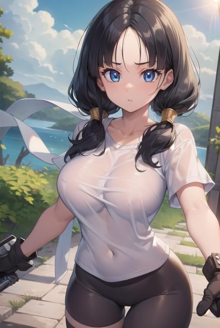 videl, <lora:videlv2-lora-nochekaiser:1>, videl, black hair, blue eyes, eyelashes, (parted bangs:1.5), twintails,BREAK bike shorts, black gloves, black legwear, collarbone, fingerless gloves, gloves, shirt, short sleeves, white shirt,BREAK outdoors, nature, forest, sun, sky, clouds,BREAK looking at viewer, (cowboy shot:1.5),BREAK <lyco:GoodHands-beta2:1>, (masterpiece:1.2), best quality, high resolution, unity 8k wallpaper, (illustration:0.8), (beautiful detailed eyes:1.6), extremely detailed face, perfect lighting, extremely detailed CG, (perfect hands, perfect anatomy),